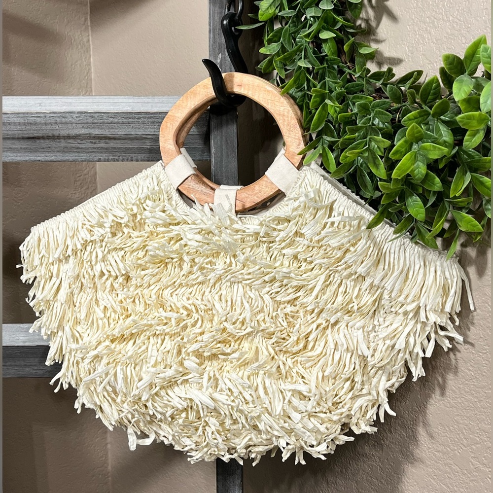 ANTHROPOLOGIE BEIGE FRINGED RAFFIA TOTE BAG